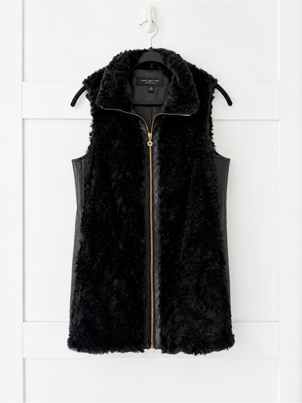 Marc New York Black Faux-Fur Vest with Gold Zip